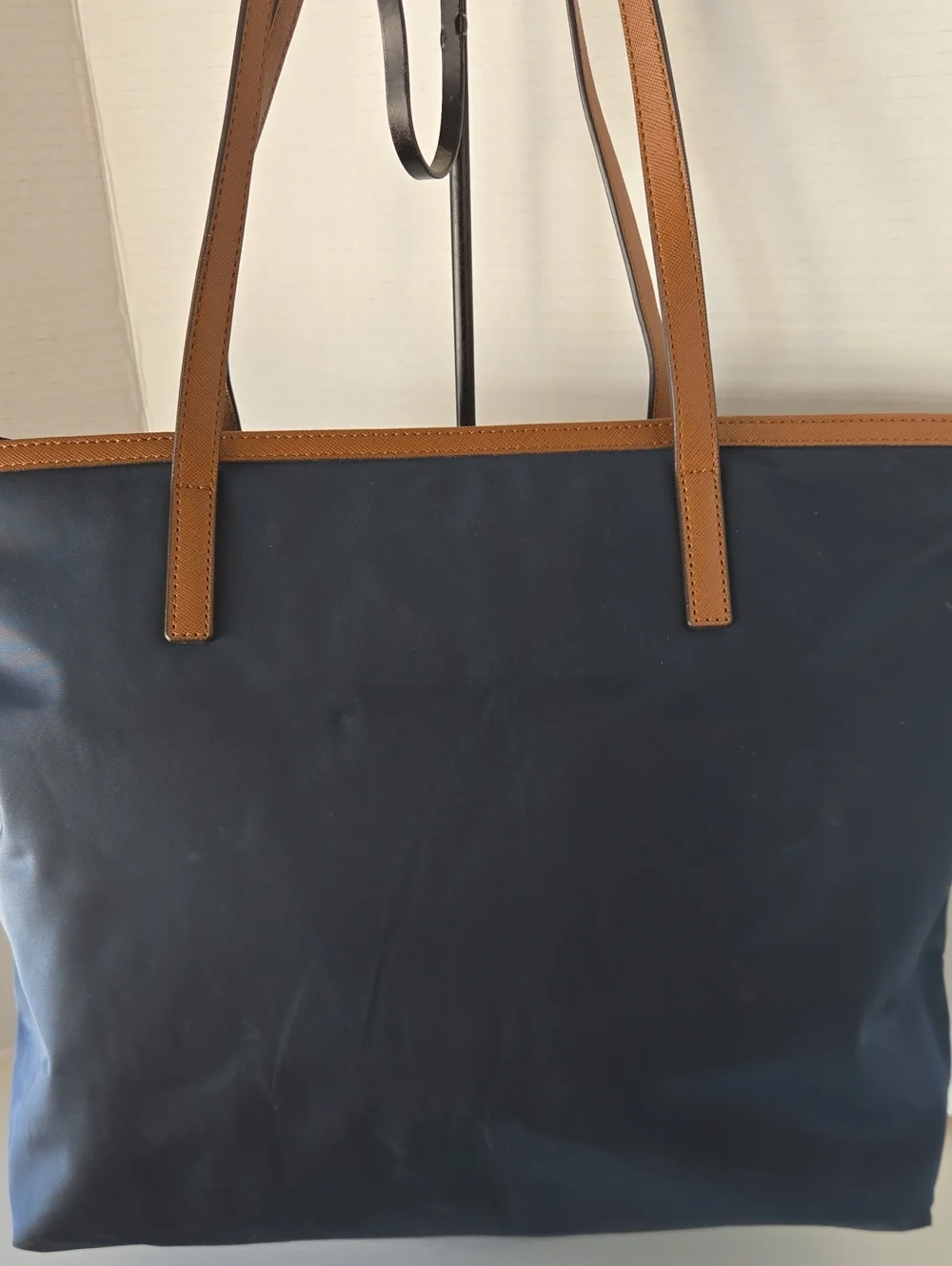 EUC Michael Kors Navy and Brown Leather-Trim Tote with Gold Plaque